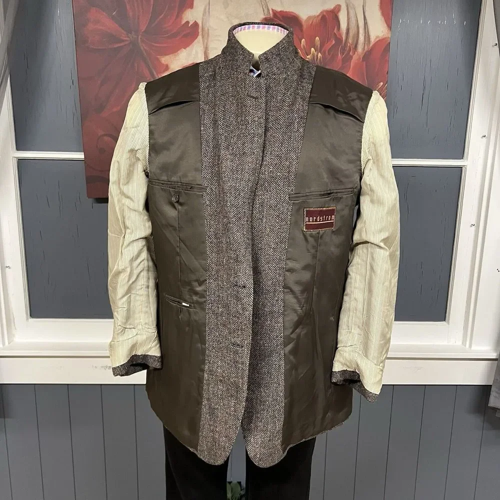 VTG Nordstrom Tweed Jacket Hand Tailored In Japan Men 43L Long Wool Herringbone‎